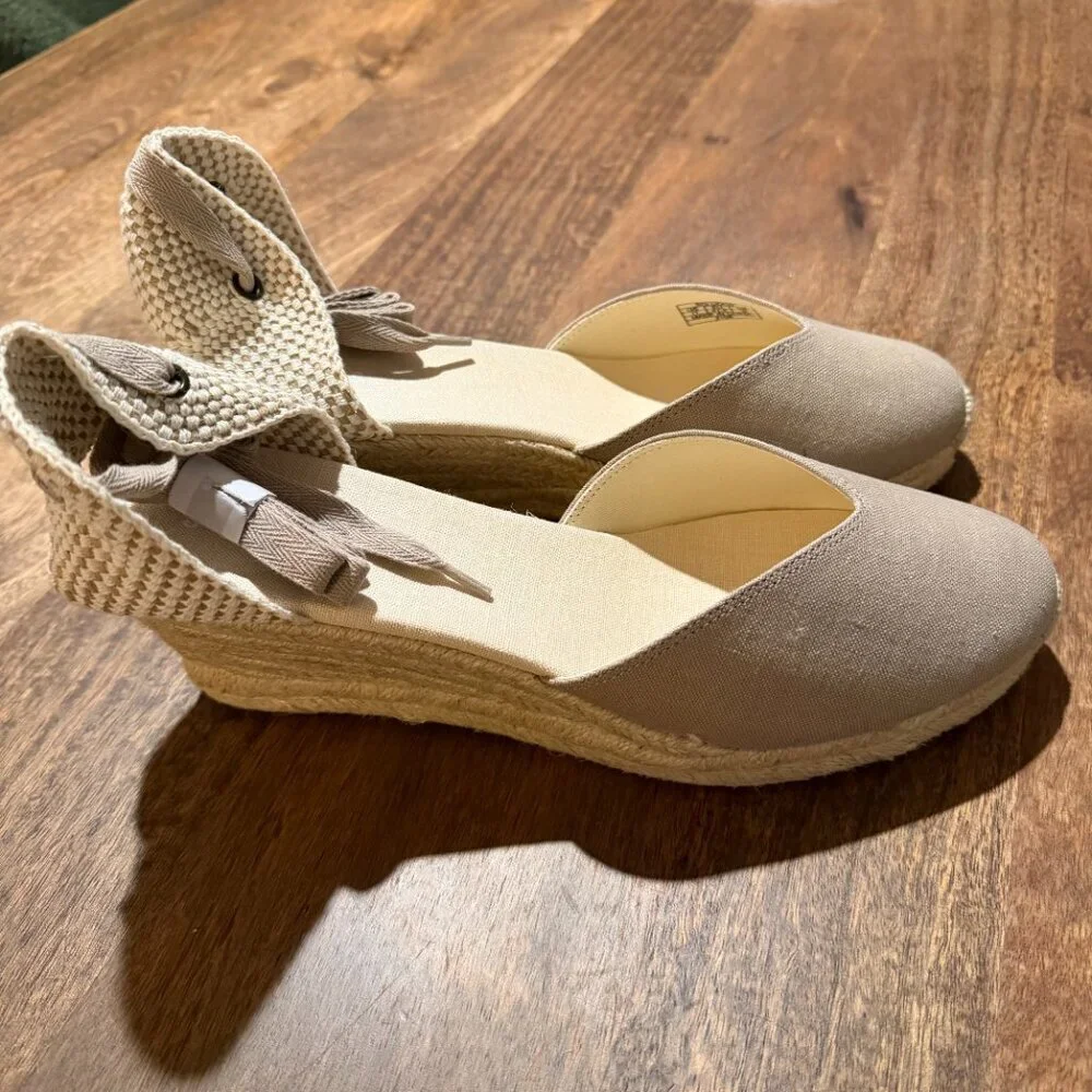 NEW Soludos Taupe Canvas Espadrille Wedge Sandals Ankle Tie Size 11